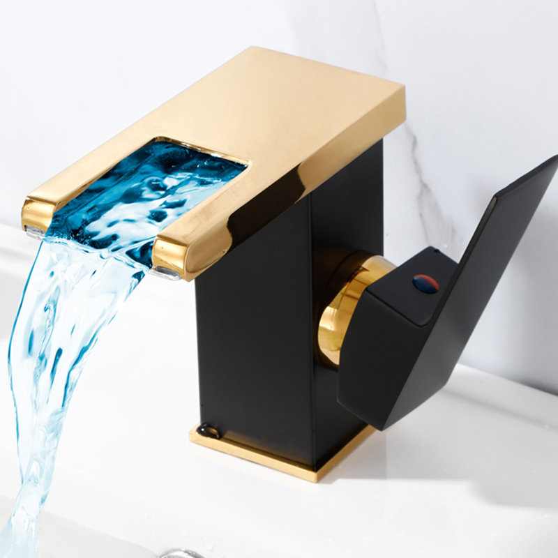 LED 3 Colors Changing Bathroom Waterfall Faucet Vanity Sink Faucet One Hole Single Handle With Drain, Gold/Matte Black