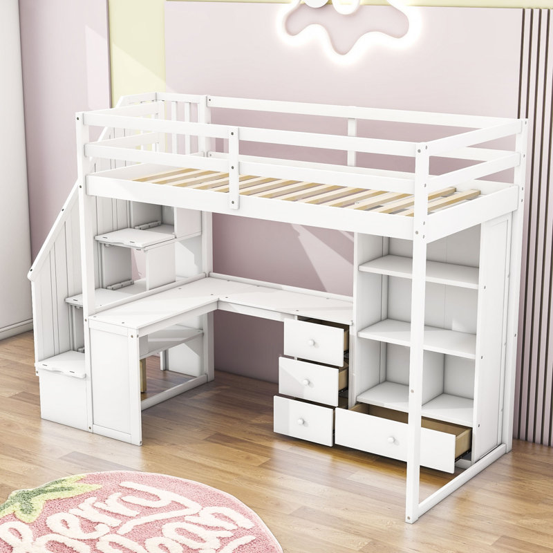 Lit mezzanine 4 tiroirs avec bureau intégré Halchak par Harriet Bee, Blanc