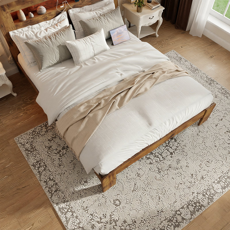Lit plateforme en bois avec tête de lit à DEL, ports USB et rangement sous le lit, Brun, Très grand lit
