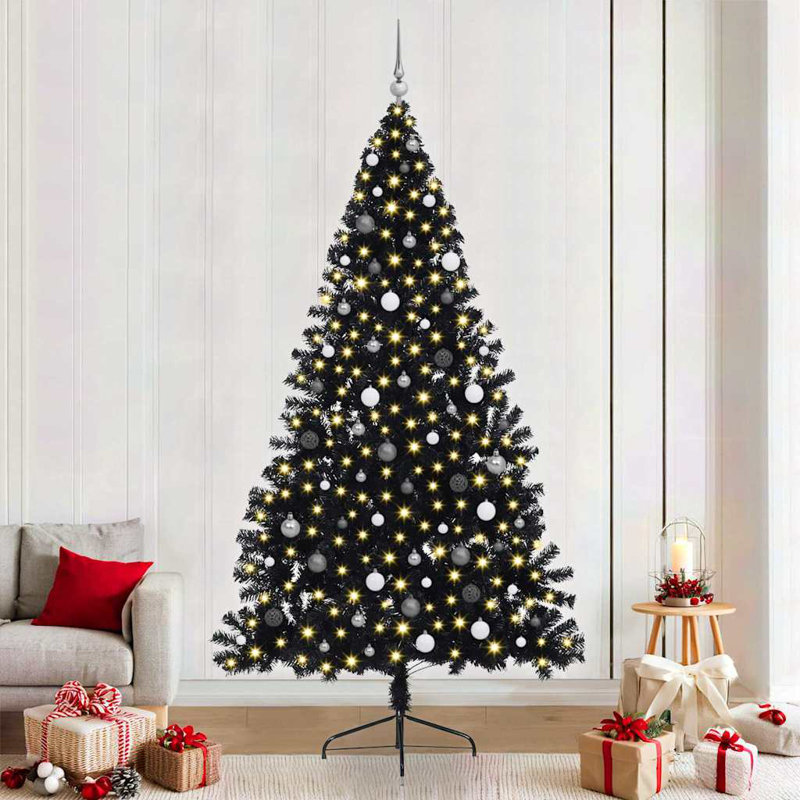 7.87' H Lighted Artificial Christmas Tree, Black, 240 cm, with 120 White/Grey Balls