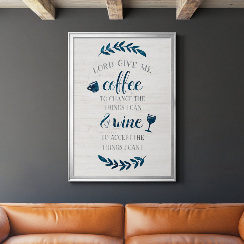 «Coffee and Wine», art textuel sur toile, Cadre argenté, H 30,5 po x l 42,5 po x P 1,5 po