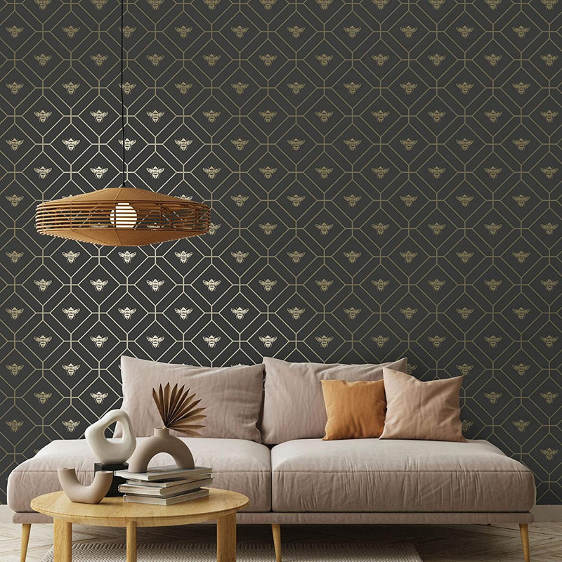 Caddo 53cm x 10.5cm Metallic Wallpaper Roll, Charcoal/Gold