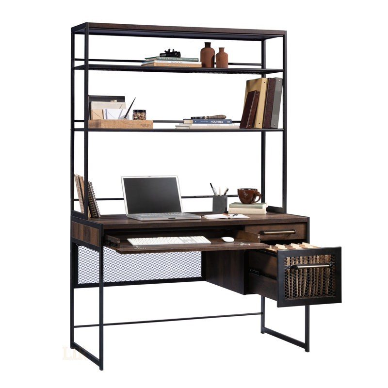 Bureau spacieux avec huche et plusieurs solutions de rangement, parfait pour le bureau à domicile et l'organisation efficace.