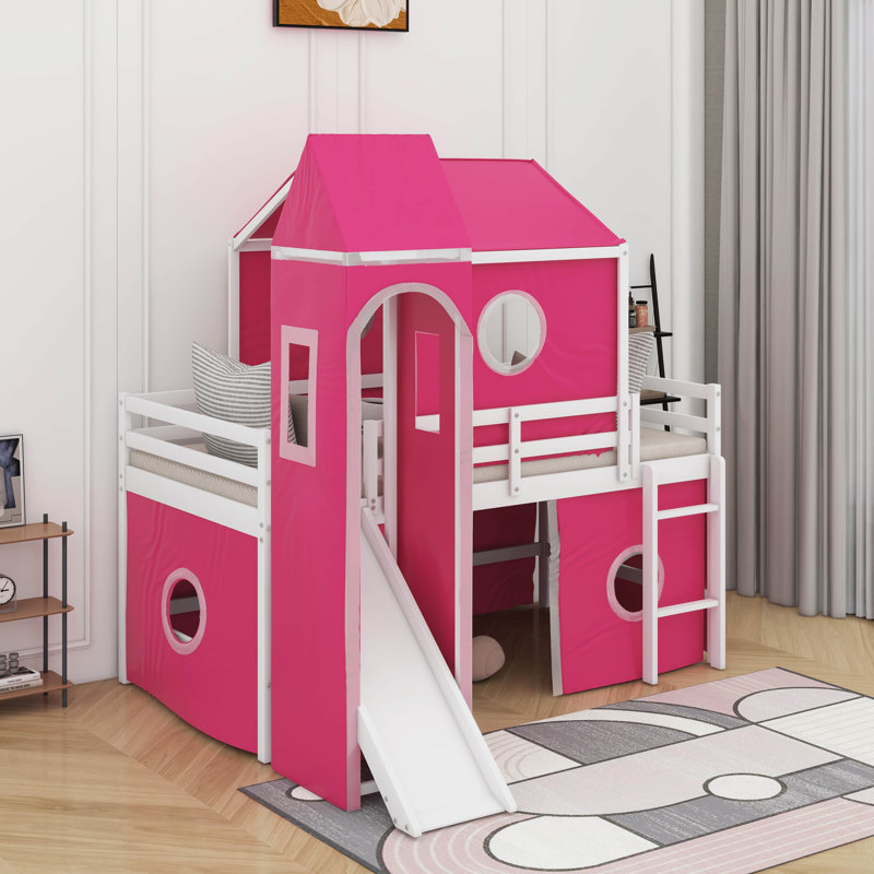 Twin Size Loft Bed With Slide Tent And Tower, Pink