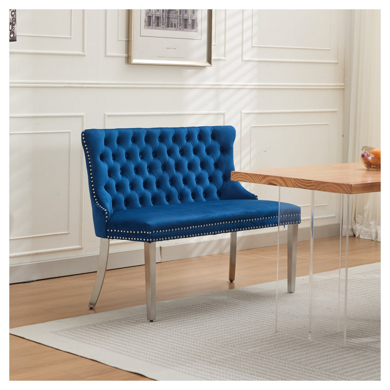 Banc de salle à manger en velours avec dossier touffeté à la main en velours bleu, Blue, Silver