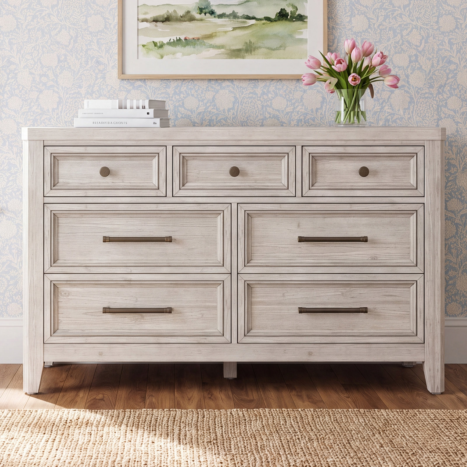Jemma 7-Drawer Solid Wood Dresser, Washed Linen