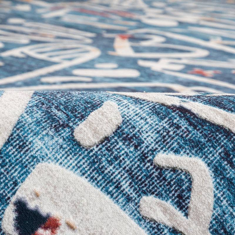 Tapis tissé à la machine Sportsglyphs Basketball, Rectangle 4pi x 6 pi, Bleu denim