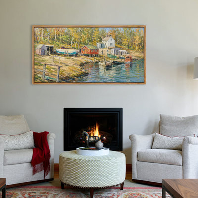Quiet Fishing Harbor Village Framed Canvas Wall Art, Nature Scenic Panorama Artwork for Living Room, Bedroom and Office
