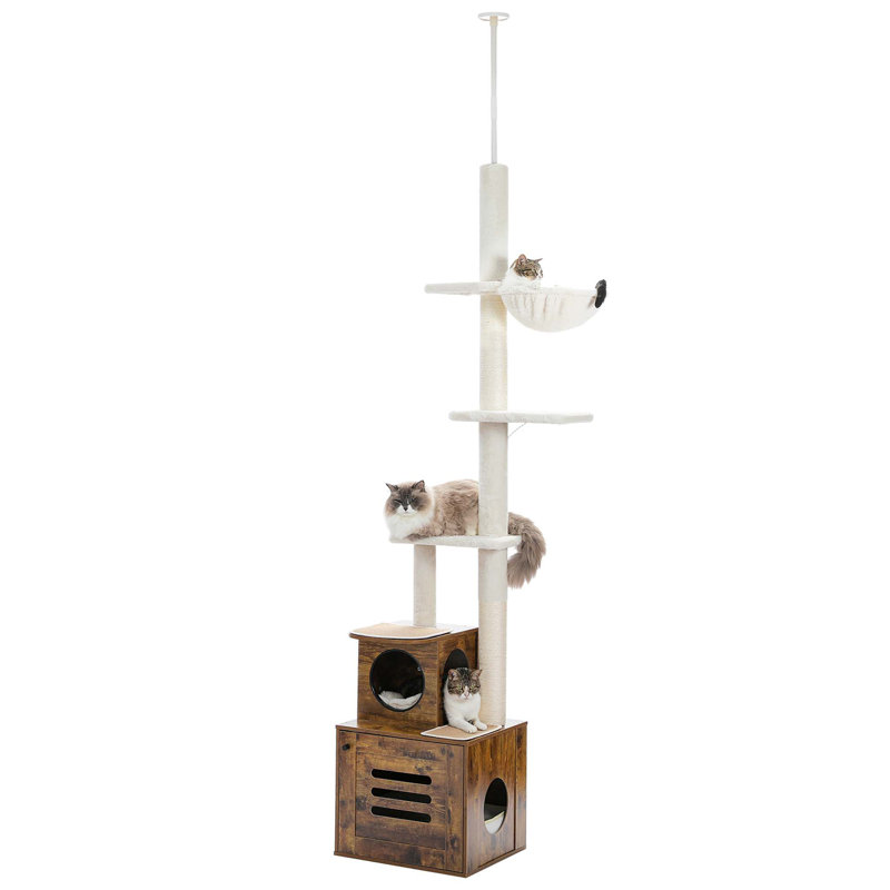 Adjustable Hright 6-Tiers Floor To Ceiling Cat Tree With Litter Box, Brown