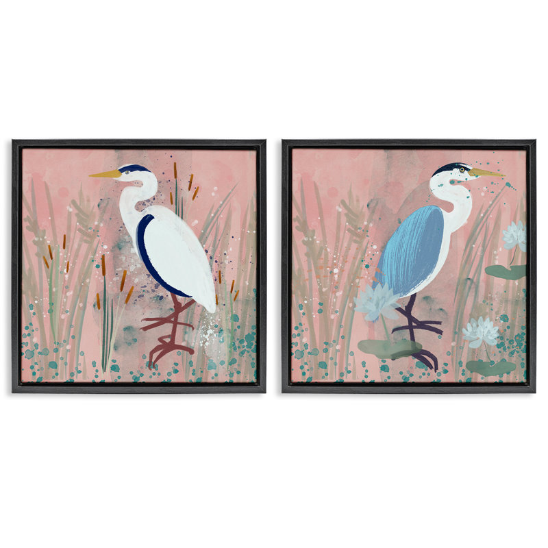 «Blue Heron Egret Cattail Marsh», ensemble de 2 toiles flottantes encadrées par Juliet Rose Philips, H 25 po x l 25 po