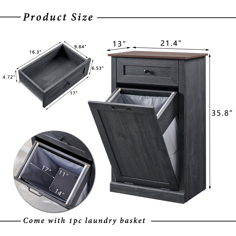 Armoire pour panier à linge inclinable avec tiroir Ahart, H 35,8 po x l 21,4 po x P 13 po, Gris