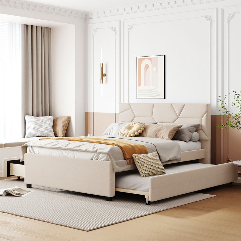 Embra Upholstered Platform Bed, Beige, Queen