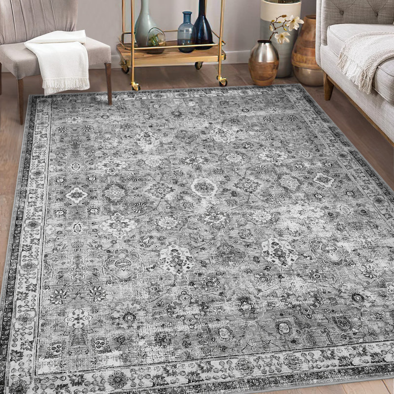 Tapis à motif floral rétro Boho, Grey, Runner 2' x 6'