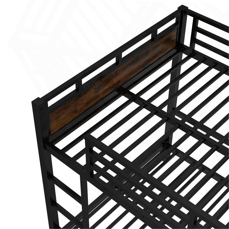 Full Over Full Metal Bunk Bed/Metal Loft Bed And Metal Platform Beds,With Raised Security Fence,Vintage Wood-Colored