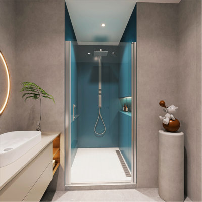 Porte de douche pivotante universelle à ouverture de 1 3/8 po, avec ouverture extérieure, avec finition en verre trempé de 1/4 po