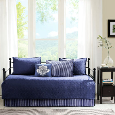 Housse de lit de jour bleu marine pour lit simple 6 pièces, housse de 17 po, 3 taies décoratives, 15 po, 1 coussin décoratif, literie élégante en coton