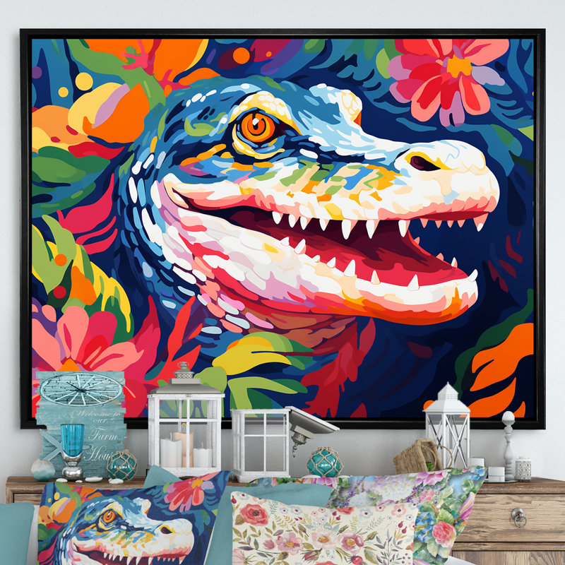 Popart alligator I, art mural crocodile, Cadre flottant noir, H 34 po x l 44 po x P 1,5 po