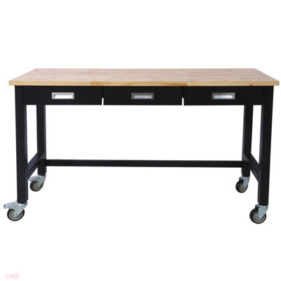 60In Work Bench, Workbench With Drawer Storage, Heavy Duty Bamboo Wood Work Table With Wheels For Garage Home Office