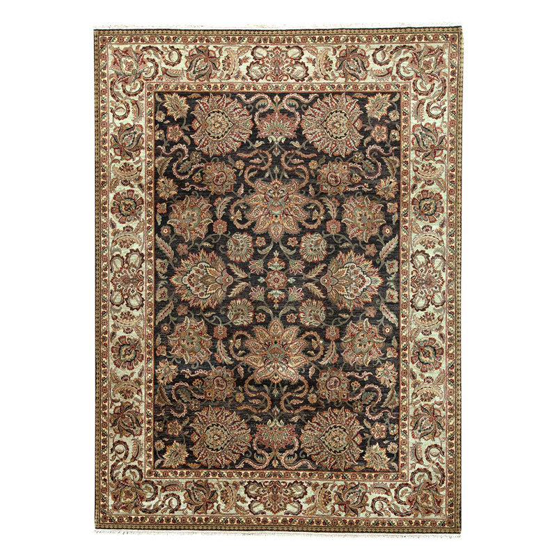Tapis beige / noir / vert en laine noué à la main de conception unique 9 pi x 12 pi 4 po
