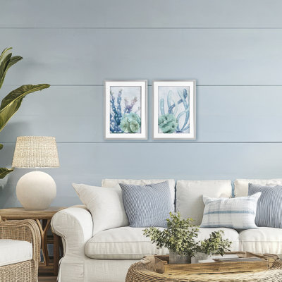 Coral Days Ocean Pastels, ensemble de 2 reproductions encadrées sous verre, par Kim Allen