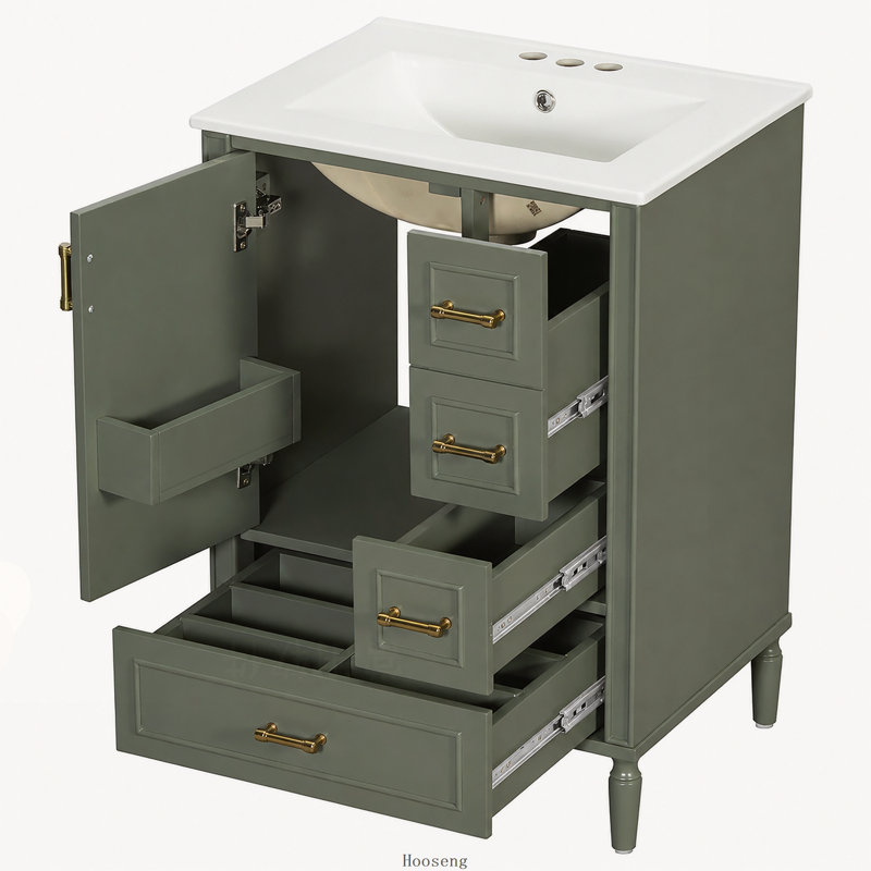 Meuble-lavabo moderne 24 po avec lavabo en céramique, porte à fermeture douce, 3 tiroirs et poignées dorées