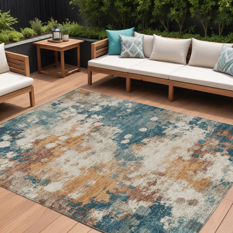 Tapis d'extérieur lavable abstrait bleu sarcelle et cuivre 10 pi x 14 pi bleu sarcelle