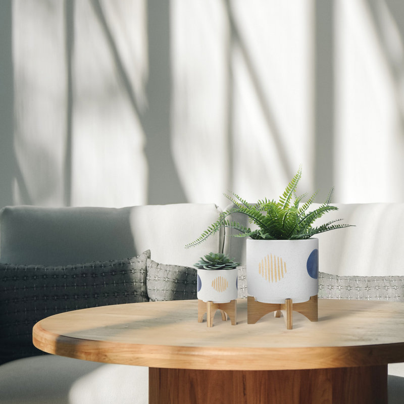 Stoneware and Ceramic Planter Set with Bamboo Stands - Modern Decorative Indoor Planters - Contemporary Geometric Design - Set of 2