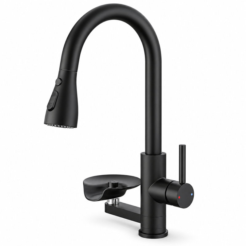Robinet de cuisine noir mat avec douchette extractible avec joint torique, robinet monocommande en acier inoxydable avec plaque de montage