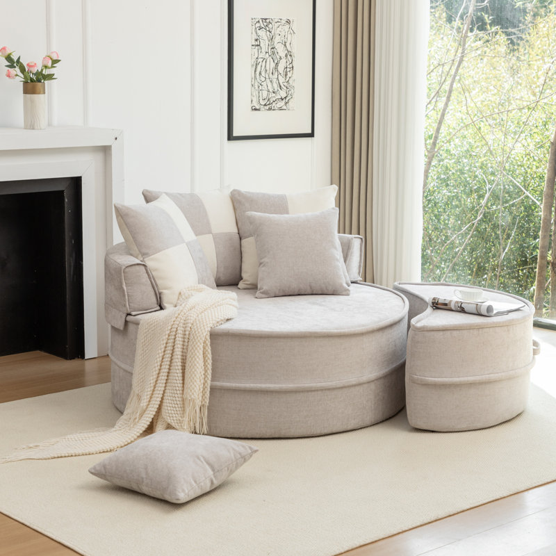 47'' Oversized Round Chenille Chaise Lounge Sofa (With Ottoman), Gray