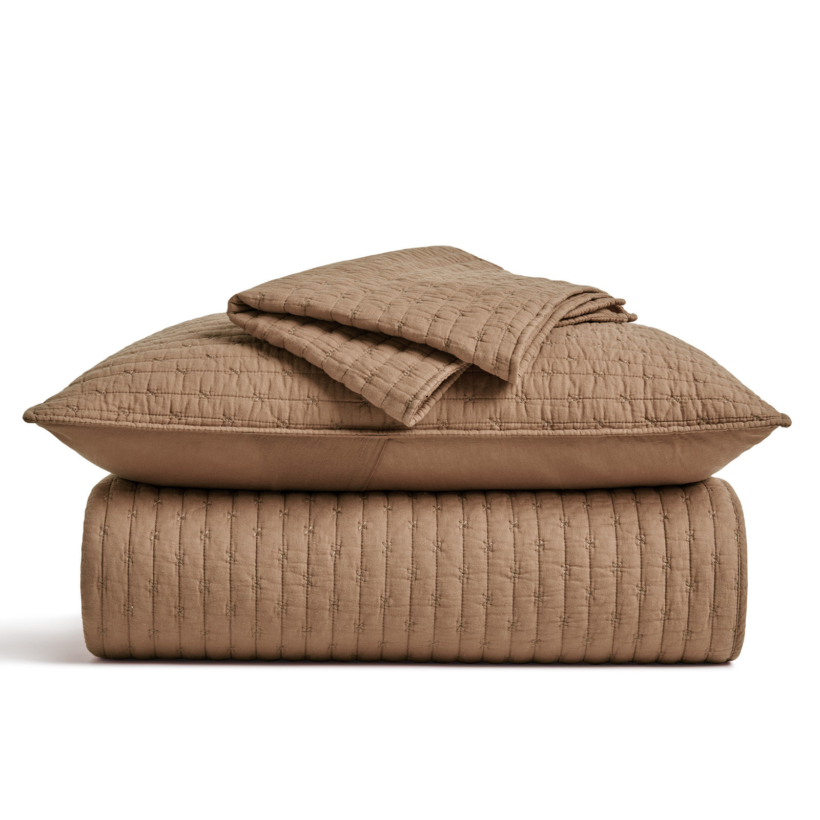 Cross Stitch Cotton Quilt set, King + 2 Shams, Camel Brown