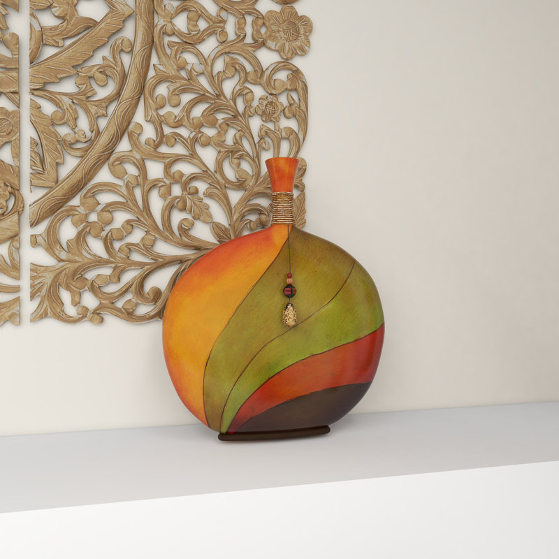 Vase de plancher en grès Kawamura , H 20 po x l 17 po x P 3 po, Brun/rouge/vert
