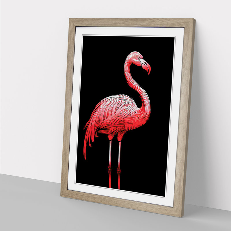 Flamingo Line No.2 - Single Picture Frame Print on Wood, Oak Framed, 64cm H x 46cm W