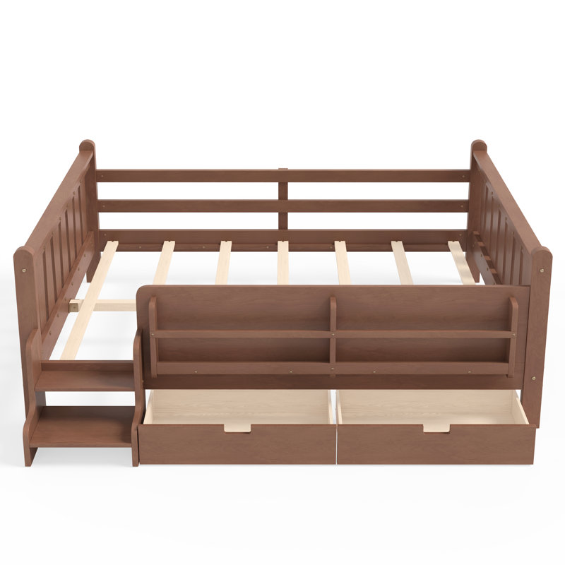 Queen Size Solid Wood Kids Floor Bed with Storage Bookcases, Drawers, Cute Stairs & Guardrails, No Box Spring, Natural, Queen