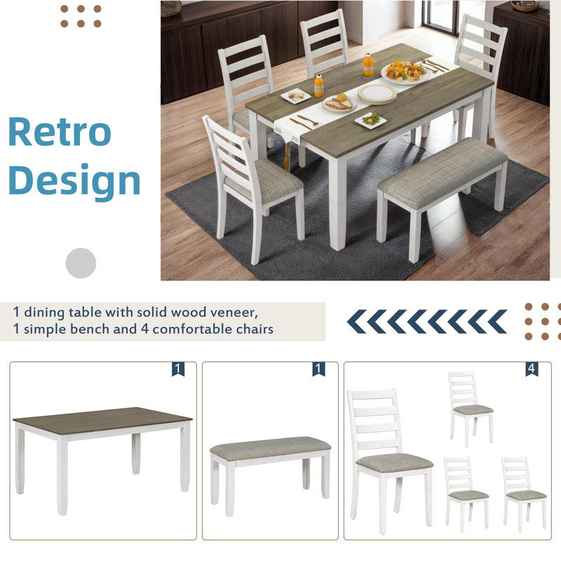 Rustic and Ergonomic Design 6-Piece Dining Table Set with 4 Wooden Chairs & 1 Bench, Distressed Finish, Brown&Grey