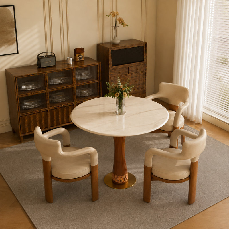Sculpted Wood Pedestal Dining Table with Woven Wicker Detail & Round Stone Surface, White/Gray