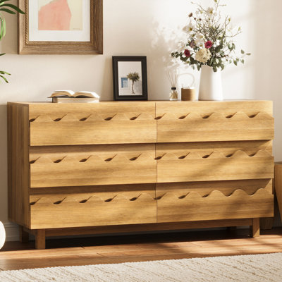Commode moderne à 6 tiroirs avec devant ondulé, meuble télé et rangement en chêne naturel pour la chambre à coucher et le salon