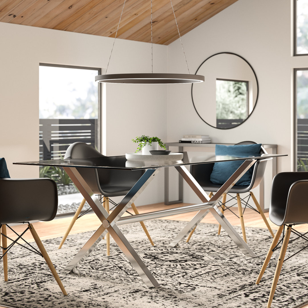 Pangea Home Beverly Modern Glass 79" Dining Table with Silver or Gold Steel Metal Base – 6 Person Seat -Contemporary Rectangular Kitchen & Dining Room Table Wade Logan® Base