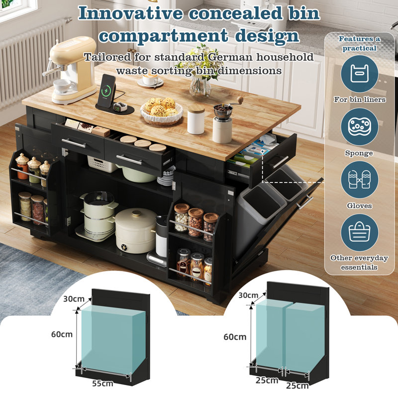 138 cm W Kitchen Island with, Black/Natural