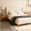 Lit plateforme tapissier moderne en velours beige avec tête de lit à oreilles et pieds en bois de noyer-2052735898