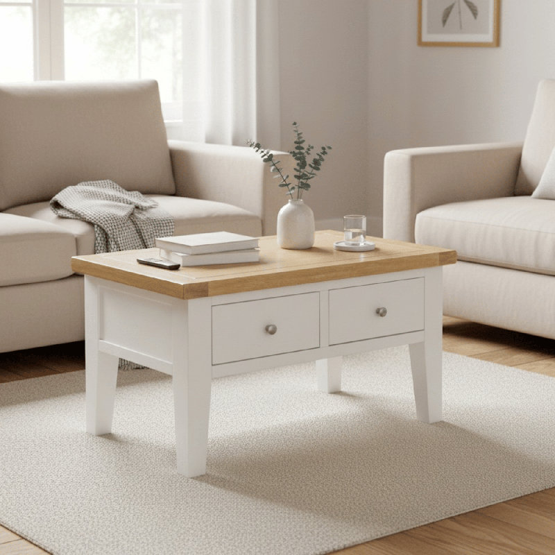 Cooksey Fully Assembled 2 Drawer Coffee Table Oak Finish, White