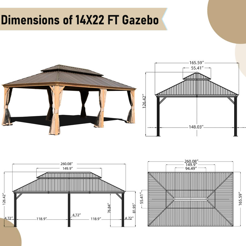 Pavillon de jardin 14 po x 22 pi avec structure en aluminium et toit en métal rouillé pour la stabilité du jardin