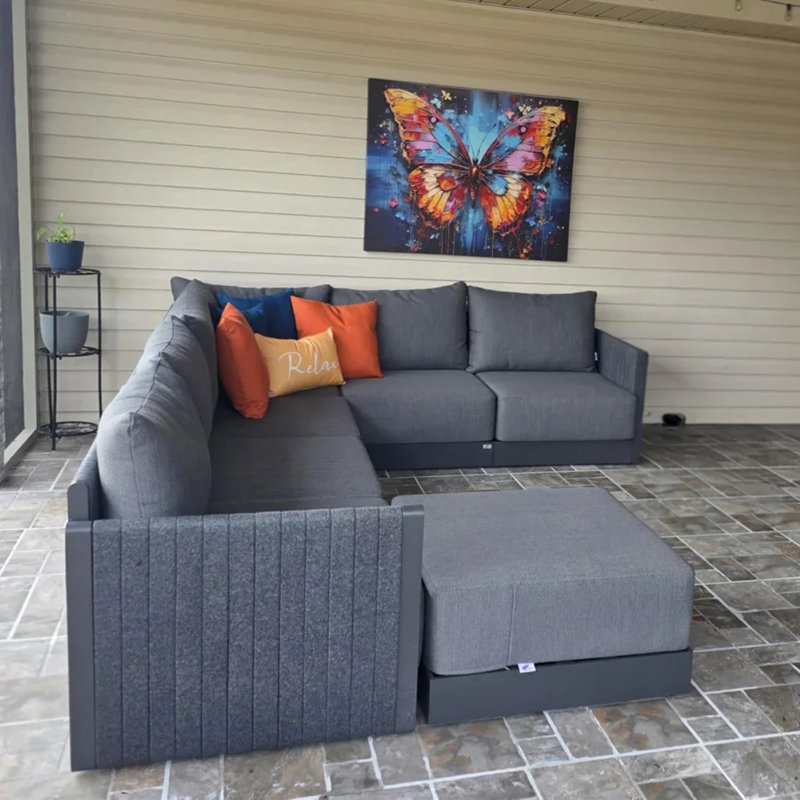 7 Pieces Patio Conversation Sets with Ottoman, All Weather L-shaped Outdoor Couch Sectional Set with Cushion, Patio Conversation Set for Garden Poolside Backyard Gray