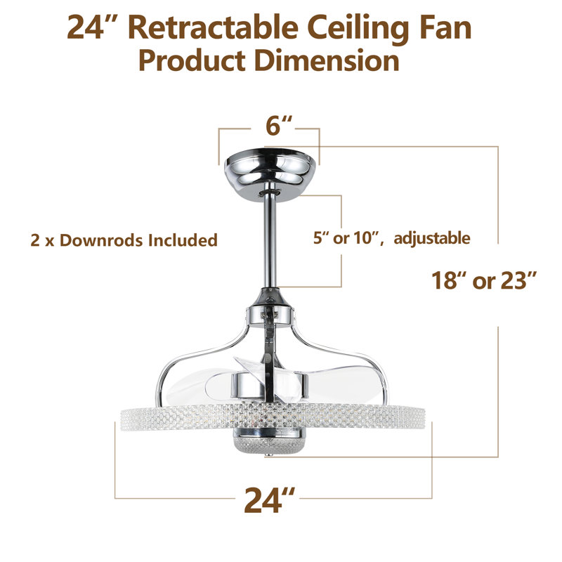 Ventilateur de plafond à pales rétractables à 3 pales 24 po avec télécommande et ensemble d'éclairage inclus Andella, Argent