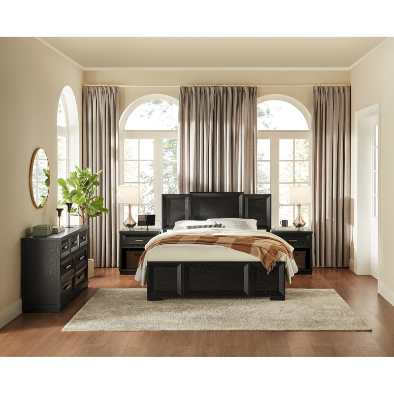 Ensemble de chambre à coucher 4 pièces Rylo, Grand lit, Noir, Ensemble de quatre pièces : lit, commode, deux ta