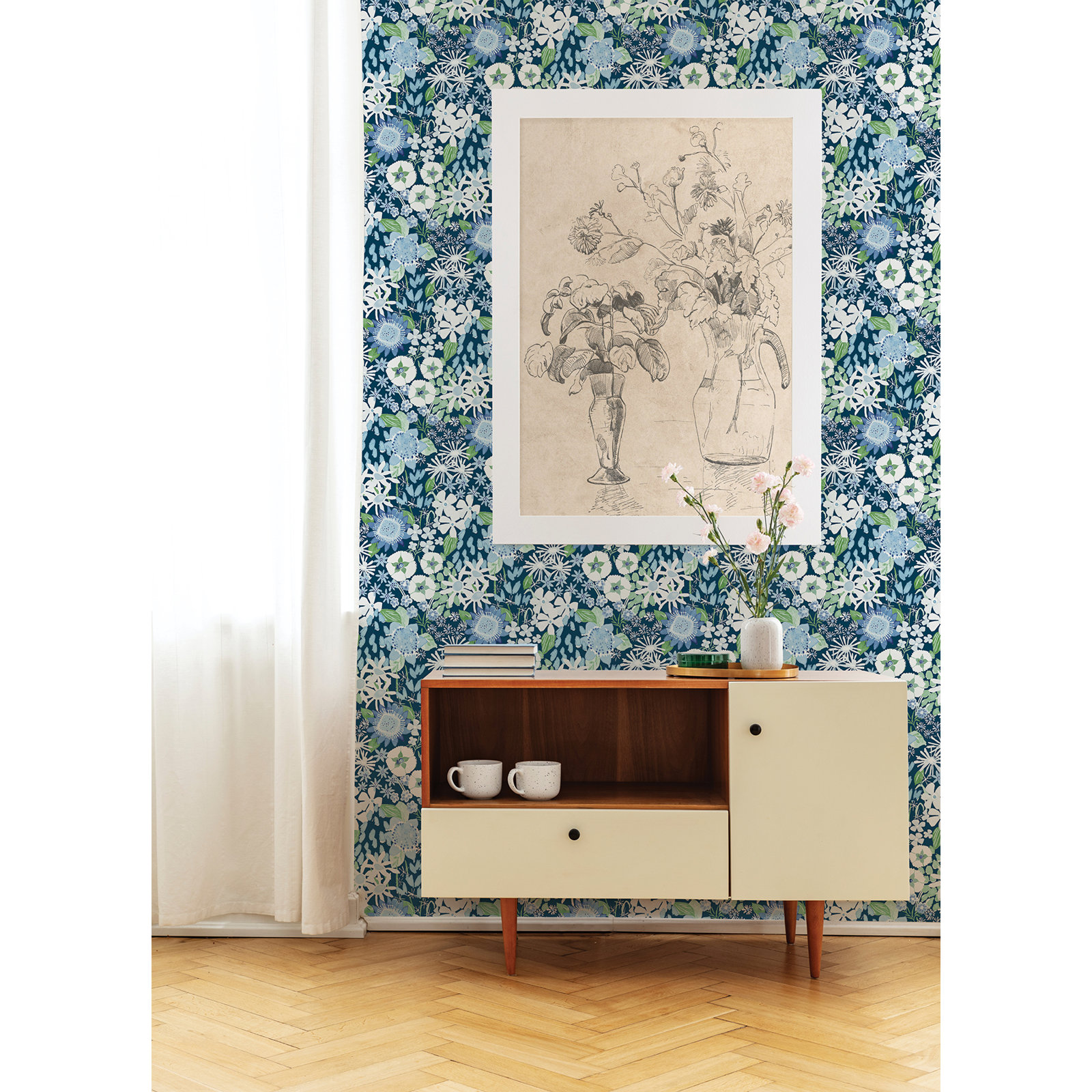 Anika Flowers Wallpaper, Blue