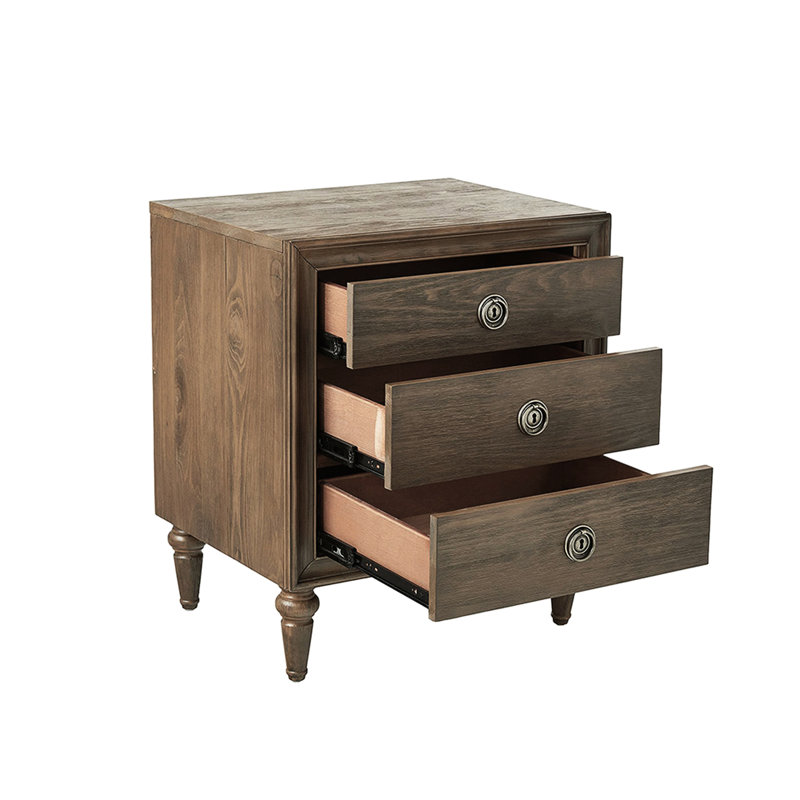 Table de chevet 3 tiroirs en chêne récupéré avec plateau supérieur doublé de feutre et glissières en métal 3 tiroirs en chêne