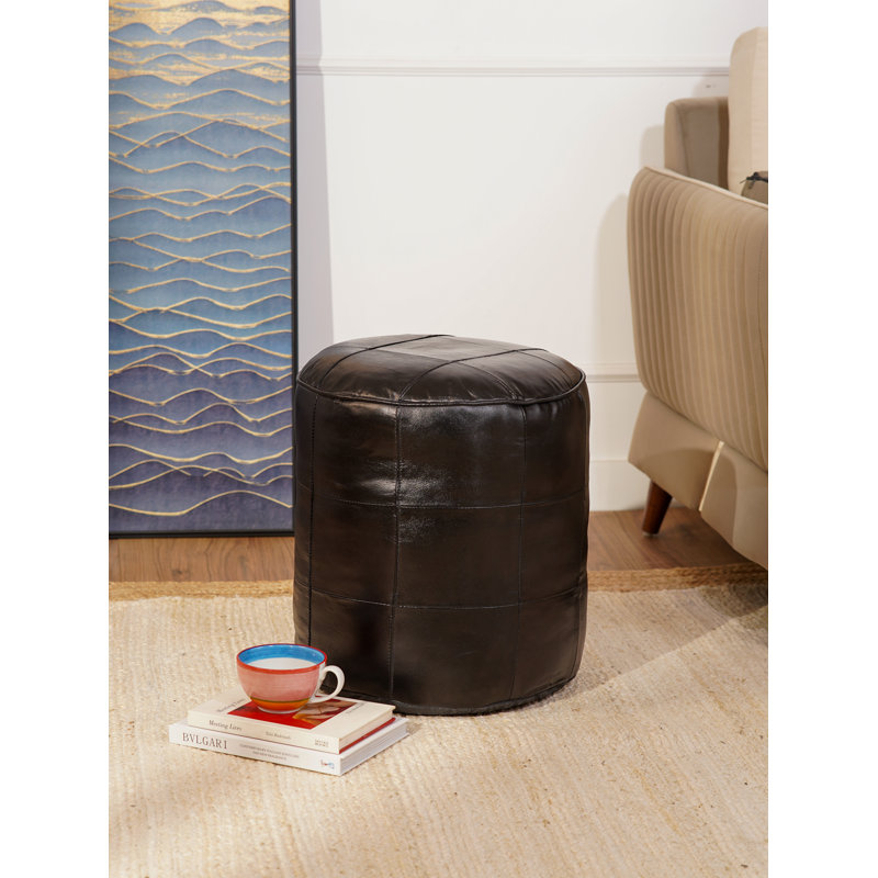 Upholstered Ottoman, 14" H x 14" W x 14" D, Black Genuine Leather, Round