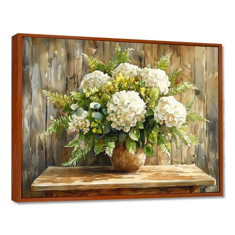 Bouquet d'hortensias «Barnyard Beauty» - hydrangées, décoration murale, H 12 po x l 20 po, Cadre flottant, Brun