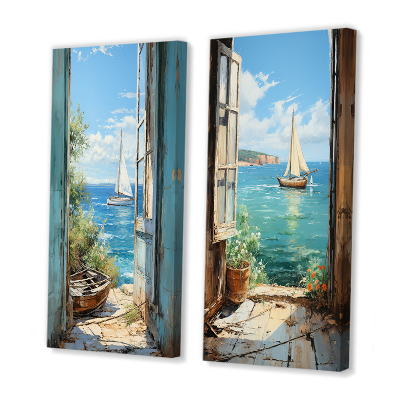 Bateau à voile vue sur l'océan II - ensemble de 2 fenêtres murales côtières, Toile tendue, H 32 po x l 33 po