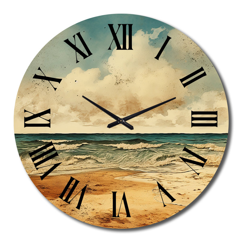 Vintage Beach Side Scenery II - Horloge murale nautique et plage, Petit